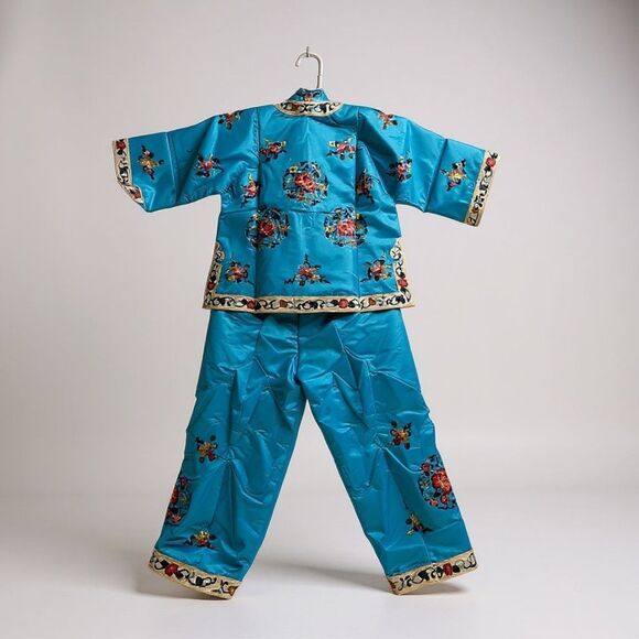Vintage Golden Bee Embroidered Silk Blue Kimono Jacket + Pants Set Size 8 - Picture 3 of 16